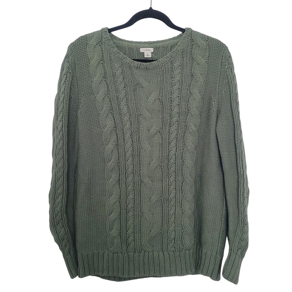 LL Bean Women Cotton Cable Knit Chunky Sweater Size L Green Fisherman Twee